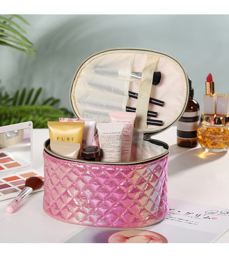 1 Piece Shiny Round Cosmetic Bag PU Leather Portable Makeup Container