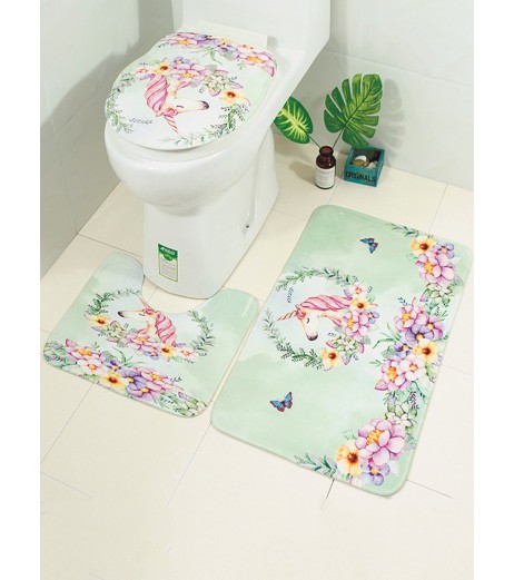3 Pcs Toilet Seat Cover Set Fresh Unicorn Pattern Water Absorbing U-Shaped Mat Floor Carpet Set