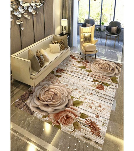 Floor Mat Color Block Floral Pattern Washable Living Room Mat