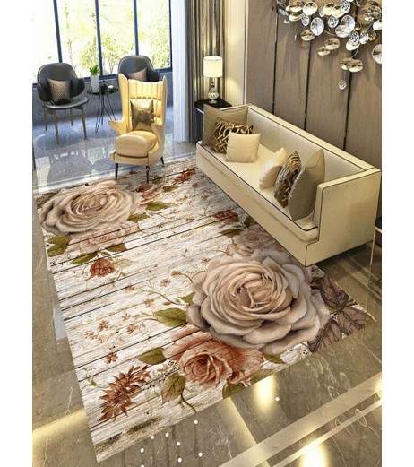 Floor Mat Color Block Floral Pattern Washable Living Room Mat