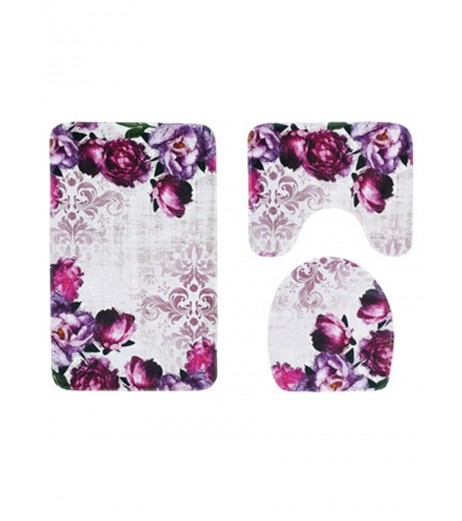 3Pcs Bathroom Flower Pattern Toilet Cover And Non-slip Floor Mats Set