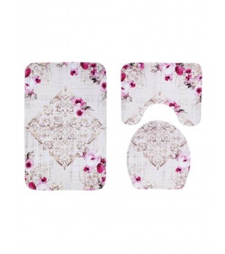 3Pcs Bathroom Flower Pattern Toilet Cover And Non-slip Floor Mats Set