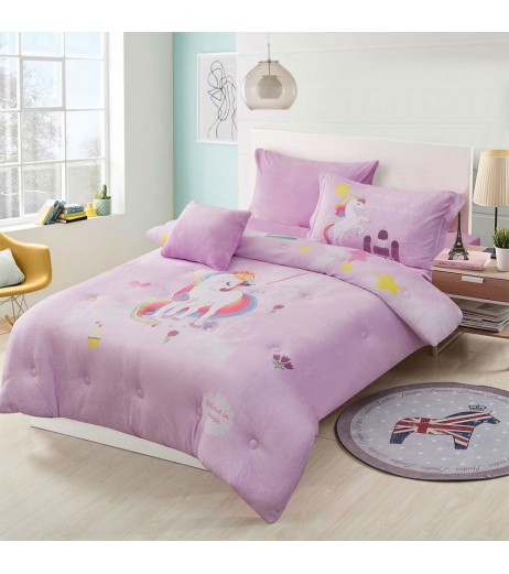 4 Pieces Kid's Quilt Duvet Cover Set Cartoon Lovely Unicorn Pattern Cozy Bedding Set