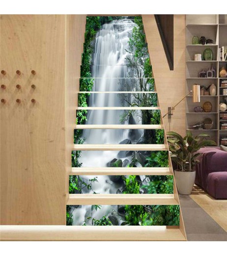 13Pcs Self-Adhesive Stairs Stickers 3D Nature Waterfall Waterproof Living Room Stairs Decal