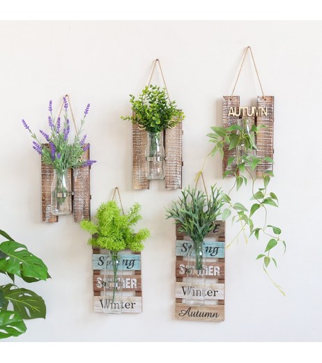 Hanging Plank With Glass Vase Hydroponic Container Wall Decoration