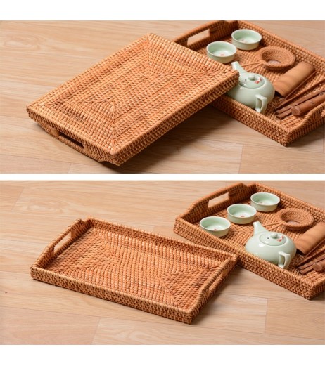 1 Piece Rattan Tray With Handles Tea Cups Serving Plate Desktop Organizer